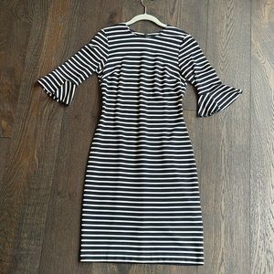 Banana Republic Form-fitting, Black White Striped Knit Dress Size 2 Bell Sleeve
